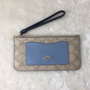 New Coach Women's Zip Top Wallet in Colorblock Signature Canvas Khaki/Blue